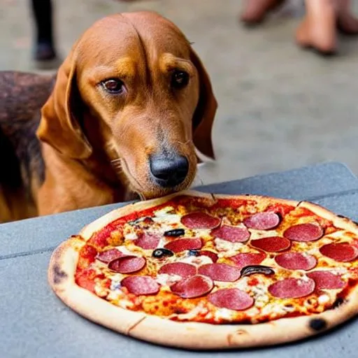 Prompt: A dog eating pizza