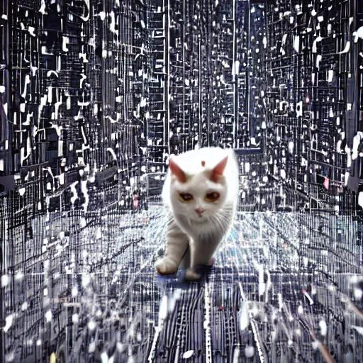 Prompt: cat walking on a cloud full of servers falling from the sky like rain more cat more cats cats in the cloud