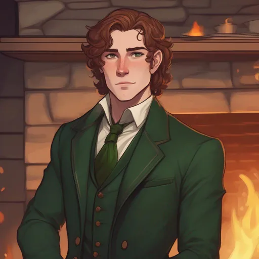 Prompt: dnd a human man with short wavy brown hair and hazel eyes and a freckled face wearing a dark green noble suit in front of a fireplace