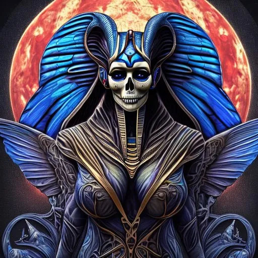 Prompt: in style of giger and Art Nouveau,
ultra realistic, photo picture with Egyptian sphinx and in background dark blue butterfly's that have picture of skull on their wings and full moon in red color, digital art style