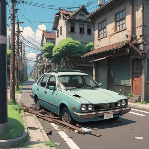 Prompt: Studio Ghibli 2D anime style. A single car that has crashed into a telephone pole. Set in a dilapidated city street.