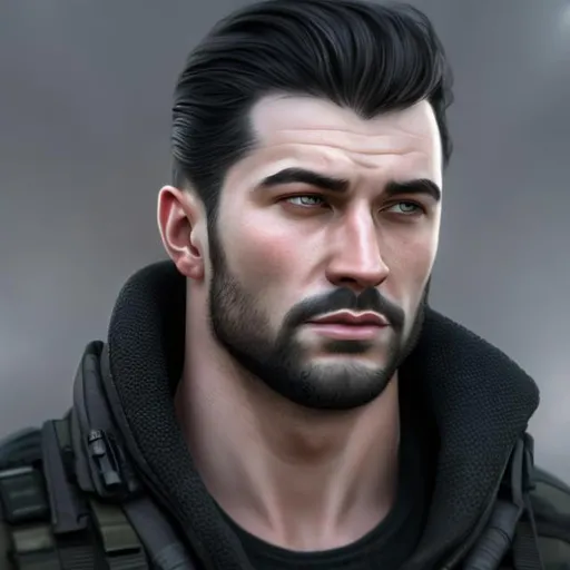Prompt: portrait, realistic digital art, young male, three-quarters portrait, caucassian, black hair, wavy hair, short mullet, modern military, rosy skin undertone, pale skin, good-looking, black or gray clothing, tactical gear, light stubble, hair buzzed on the sides