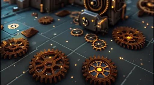 Prompt: voxel art, steampunk, dark colors, sparkling night, stars, giant gears floor, gears, mechanical world, high quality, realistic, unreal engine, octane render, uniform scaling
