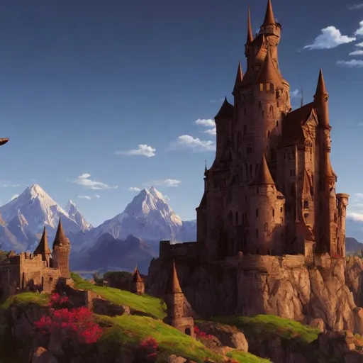 Prompt: anime european grand gothic castle landscape with mountains

