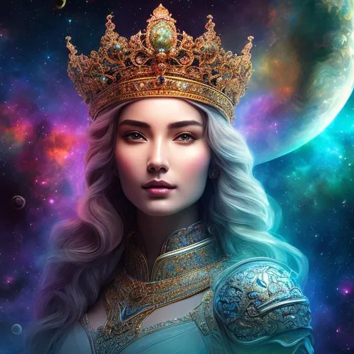 Prompt: beautiful female with crown, extremely detailed face, space and planets an nebulae in sky highly detailed, extremely detailed environment, extremely detailed background, intricate, extremely detailed skin, natural colors , professionally color graded, photorealism, 8k, realistic, moody lighting, ambience lighting, complex filigree, wearing white plate armor, cosmos setup, universe setting, galactic environment, tonified abdomen, strong belly, renaissance fantasy, white gloves, radiant side yellow  light, romanticism fantasy, seductive mood, detailed face, volumetric lighting