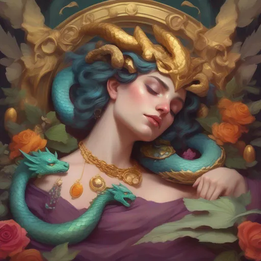 Prompt: A colourful and beautiful Persephone with dragon horns and scales, sleeping on a pile of gold and jewels in a painted style