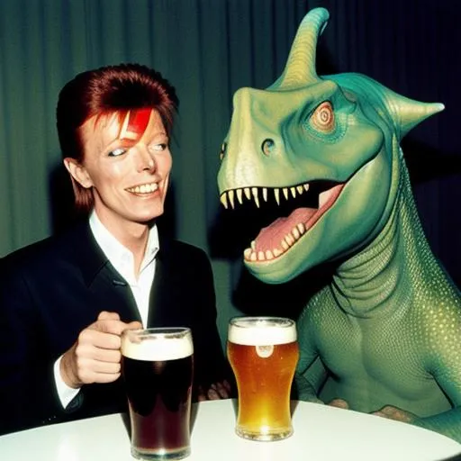 Prompt: David Bowie drinking beer with dinosaur