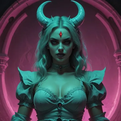 Prompt: beautiful female demon, hell, demonic, gothic, vaporwave, retro, neon, aesthetic, liminal, high quality, high definition, beautiful, dramatic lighting