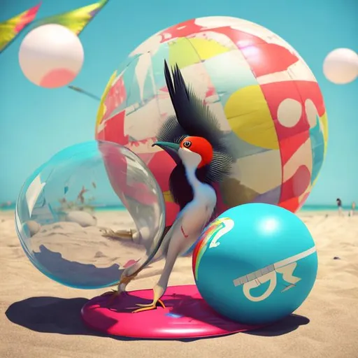Prompt: Anthro bird in a bikini sitting on top of a giant beach ball.