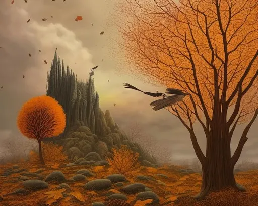 Prompt: ART DECO AUTUMN TREES, falling leaves, birds, hills, wind, clouds, castle, AURIKA PILIPONIENE IRA KENNEDY MARCI MCDONALD HOLAKANOLA MARIA SERAFINA DEBBIE CRISWELL victo ngai henri rousseau vladimir kush Arief Putra Anita Inverarity Alenka Sottler Itzchak Tarkay remedios varo