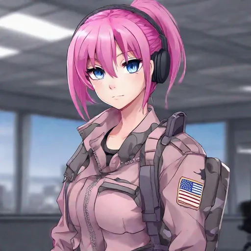 Prompt: anime style, girl, cute, skinny, small, pink and purple hair, blue eyes, cgi, pony tail, define nose, Military clothing, camo serious expression, office backgroung