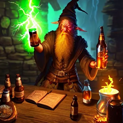 Prompt: wizard, beard, beer, lightning, fire, staff, magic, aura, alcohol, tavern, fighting a goblin