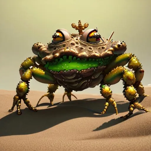 Prompt:  Metal shell crab character with two telescopic yellow eyes and iron tongs and face of toad, Zahara, clouse-up,
 hyperrealistic, photorealistic, ultra-detailed, intricate details, unreal engine, octane render, bioma of sand, cavern in the sand   and amazing landscape ,rocks and gigant green fern, 4k. A vine covered tutor in the style of alexander jansson and gediminas pranckevicius mystical, magical, bloosom, volumetric lighting.