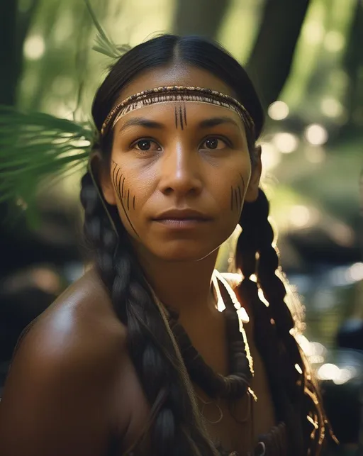 Prompt: A tender close  up scene of an Indigenous woman (((braiding sweetgrass))) beside a stream in a verdant forest, beams of sunlight filtering through the trees overhead. Shot from a low perspective looking up with a wide angle lens. The mood is nurturing, spiritual, connected to nature. In the style of naturalistic portraits.