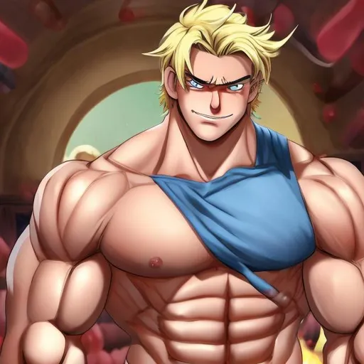 Prompt: happy blonde, blue eyedkind of realistic with gigantic, colossal, huge, glorious strong body muscles buff strong tense full body image all his clothes are falling off  because he is so strong, Very strong, tanned skin, muscles the size of watermelons, he is very handsome, he has an 8-pack of abs, blonde hair, thick body hair, lots of tattoos, flirtatious smirk, his muscles are bulging, full body, ultra realistic, he is humongous, 8 feet tall, bodybuilder pose, small boxer shorts, at the beach, his balls are ripping through his boxers full body image