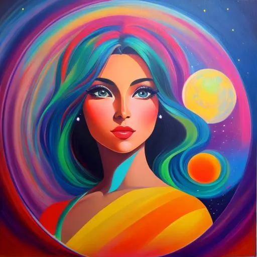 Prompt: Surreal portrait of beautiful female, cosmic landscape background, acrylic on canvas in style of post modernism 