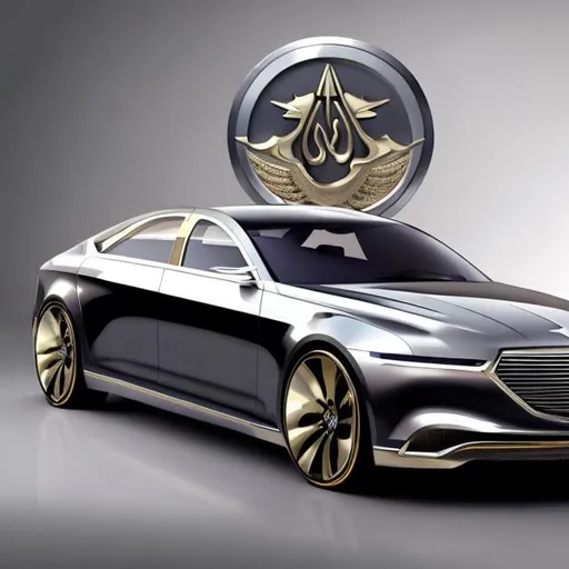 Prompt: Give me a luxury sedan concept car that uses Iranian symbols and is designed in a retro style with a man standing with his arms open on the front.