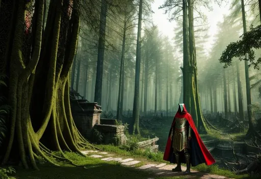 Prompt: wandering nomad wizard,multilayred outfit, cloak and cape, intricate detail,  pretty, correct face, beautiful model, show old apocalyptic city wasteland overgrown by oppressive huge forest, vines, plants and roots growing, cracking through walls, 3d render,  high detail, 