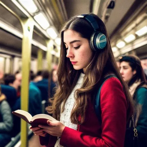 Prompt: vintage girl with a long hair reading a book on a train crowded by people listening to music by headphones on, many people standing and using phones around her, people taking pictures of her, realism, night, low light, 8k, focus, beautiful pretty girl, people standing around a standing girl