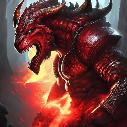 Prompt: a dnd dragonborn with horn' crimson red skin and a muscular build in a magical world  ,photorealistic, god rays, artstation, DeviantArt, unreal engine, intricate details