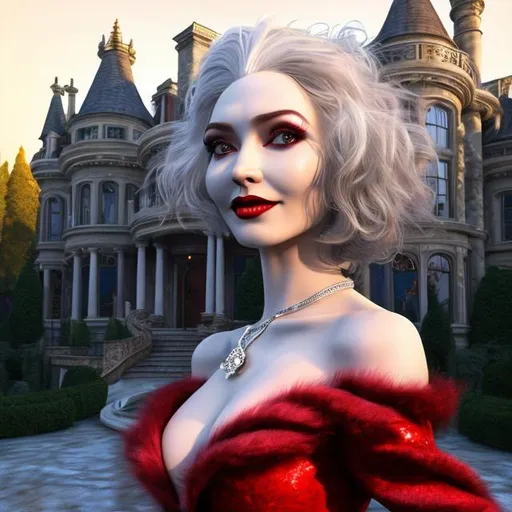 Prompt: 4k 3D professional modeling photo live action human woman hd hyper realistic cruella beautiful british woman right half hair white left half hair black fair skin brown eyes beautiful face red lips spotted fur coat and red dress luxury landscape hd background with live action mansion