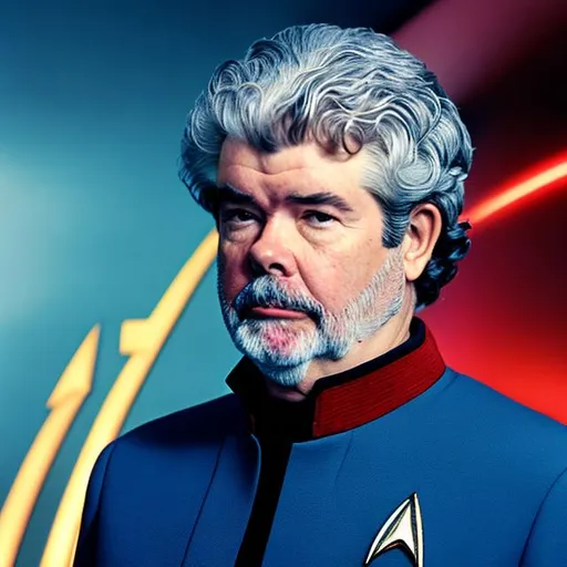 Prompt: A photographic portrait of George Lucas, wearing a Starfleet uniform, with a Star Trek background, in the style of the "Star Trek: The Wrath of Kahn."