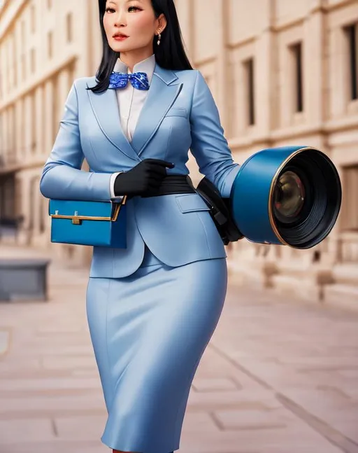 Prompt: full body photo picture of a attractive feminine businesswoman ((((young lucy liu)))) standing in front of a neoclassicist 19th century palace. Wearing calypso blue office suit, large boston blue jacket, boston blue pencil skirt and glacier blue stockings. ((Shot with a Canon EOS R5 and a Sigma 85mm f/1.4 lens, the diffusion image captures every detail of her beauty. Perfect anatomy. Perfect body. Detailed beautiful face. Dark fantasy. Futuristic vibes. UHD, highres, higly detailed, high quality, 8k, trending on instagram, trending on tiktok, facebook, artstation, deviantart.
