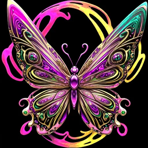 Prompt: beautiful freeform colorful chaos epic bold, 3D, HD, {one}({liquid metal {Celtic}butterfly} with {purple gold pink green red silver blood}ink), expansive psychedelic background --s99500 