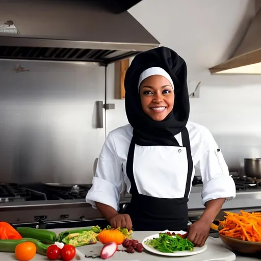 Prompt: A 32 years old black female cook covering her head with a chef cap