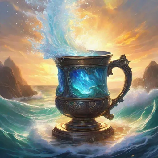 Prompt: magical cup overflowing with water, waves, sea, glowing, sunlight, dungeons and dragons, magic the gathering, fantasy art, fantasy, wizard,, concept art, , artstation, award winning, painting, watercolor, 