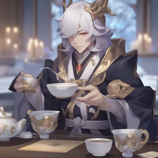 Prompt: Zhongli, Archon of Contracts, from Genshin Impact drinking tea