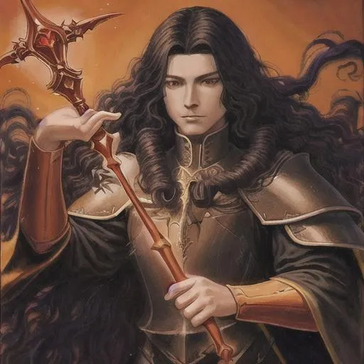 Prompt: Wizard in plate armor and orange cloak, male, long black curly hair, holding a ruby staff, portrait, high detail, oil painting