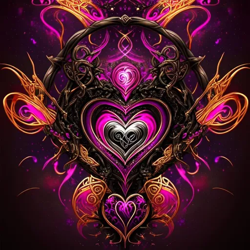 Prompt: beautiful freeform dark chaos epic bold, 3D, HD, {one}({liquid metal {Celtic}Heart} with {purple gold pink green red silver blood}ink), expansive cosmos background --s99500