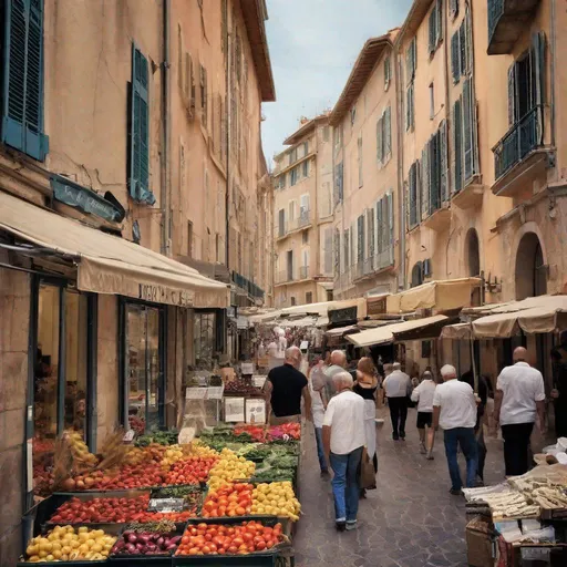 Prompt: market street in french riviera, photography,