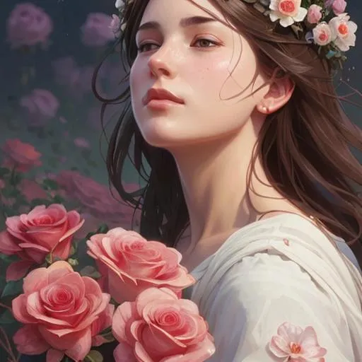 Prompt: Woman smelling a flower, roses everywhere, highly detailed, digital painting, artstation, concept art, smooth, sharp focus, illustration, art by artgerm and greg rutkowski and alphonse mucha