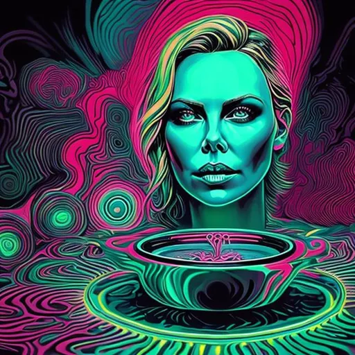 Prompt: Hypnotic illustration of Charlize Theron as an ashtray, hypnotic psychedelic art, pop surrealism, dark glow neon paint, mystical, Behance 