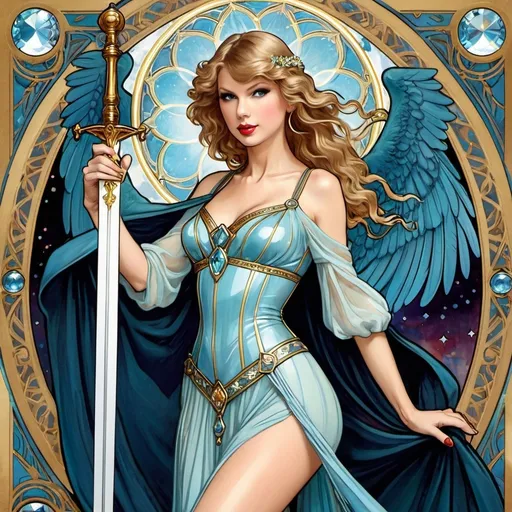 Prompt: Taylor Swift as Ace of Swords Rider-Waite Tarot card by Alphonse Mucha