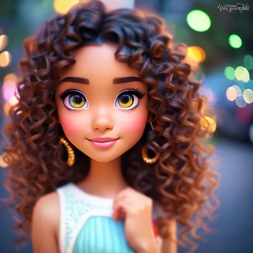 Prompt: Disney, Pixar art style, CGI, girl with  colored light tan skin, dark eyes, long black curly hair, very pretty, solemn expression