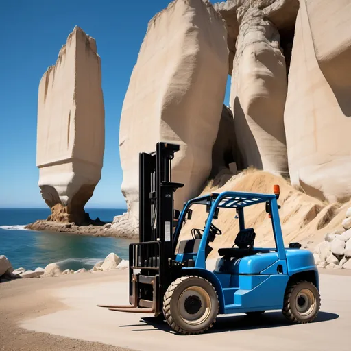 Prompt: Composition:

    Place a forklift in the foreground, well-lit and in focus. Be sure to show clear details of the machine, such as its forks and wheels.

Background:

    In the background, it represents the La Portada Natural Monument. Capture the majesty of this rock formation, highlighting its beige tones and the blue sea that surrounds it. It includes the clear sky of Antofagasta to give a feeling of spaciousness.

Perspective:

    Consider using a slightly angled perspective, where the crane is located in the lower corner, while the Cover unfolds on the horizon, creating a visual connection between both elements.

Color and Style:

    Use warm, natural colors for the crane, contrasting with the colder tones of the sea and sky. Make sure the lighting highlights both elements in a balanced way.

Additional Elements:

    You can add details like a road or an industrial environment in the background to contextualize the crane, but without distracting from the Cover.