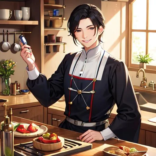 Prompt: A  very feminine man dressed like a matron, smiling contently, medieval kitchen.