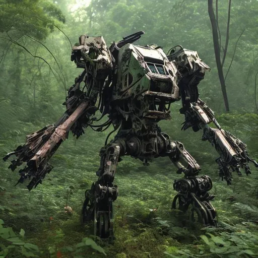 Prompt: destroyed overgrown mech in a forest