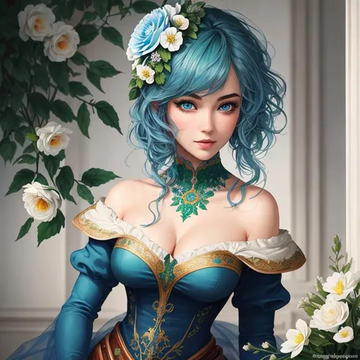 Prompt: Masterpiece, illustration, best quality:1.2), 1girl, solo, blue hair, dignfied, finely detailed, detailed face, toned face, beautiful detailed eyes, beautiful detailed shading, beautifully detailed background, emerald green eyes, flowers everywhere, flower inspired,