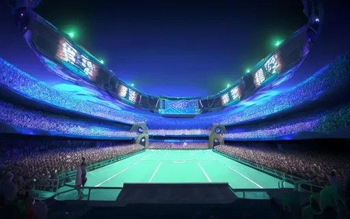 Prompt: entry in a huge Pokemon stadium with crowd and brighting lights.
