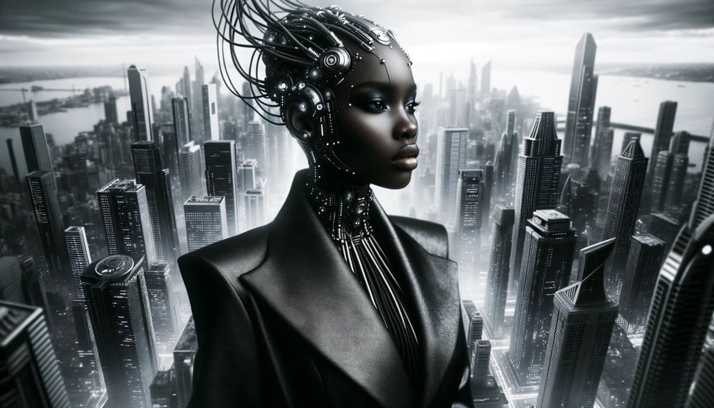 Prompt: Matte photo capturing a futuristic cityscape with a woman at the forefront, her attire reflecting afrofuturist design, dominated by dark black and silver hues, and her head adorned with cybernetic wire enhancements.