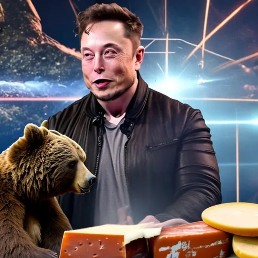 Prompt: elon musk  punching a bear in hollywood while eating cheese

