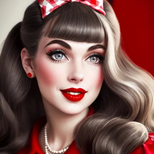 Prompt: 50's fashionable girl,long hair, white teeth,red lips, facial closeup

