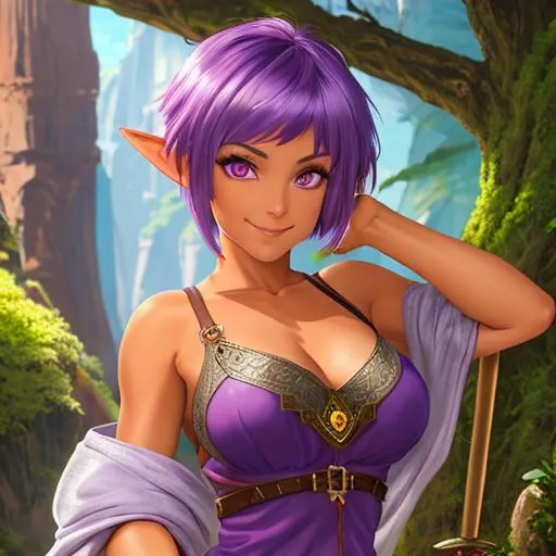 Prompt: oil painting, D&D fantasy, tanned-skinned-gnome girl, tanned-skinned-female, slender, beautiful, short bright purple hair, long pixie cut hair, smiling, pointed ears, looking at the viewer, Ranger wearing intricate adventurer outfit, #3238, UHD, hd , 8k eyes, detailed face, big anime dreamy eyes, 8k eyes, intricate details, insanely detailed, masterpiece, cinematic lighting, 8k, complementary colors, golden ratio, octane render, volumetric lighting, unreal 5, artwork, concept art, cover, top model, light on hair colorful glamourous hyperdetailed medieval city background, intricate hyperdetailed breathtaking colorful glamorous scenic view landscape, ultra-fine details, hyper-focused, deep colors, dramatic lighting, ambient lighting god rays, flowers, garden | by sakimi chan, artgerm, wlop, pixiv, tumblr, instagram, deviantart