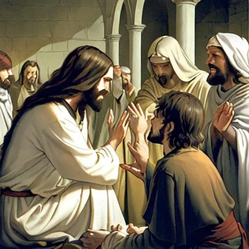 Prompt: Jesus heals the blindmen