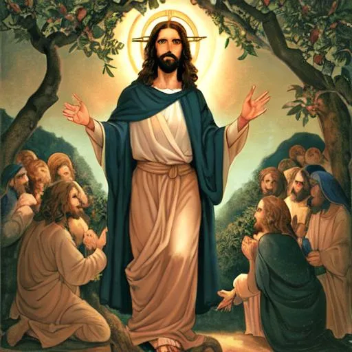Prompt: Jesus with a halo under a fig tree with no fruits