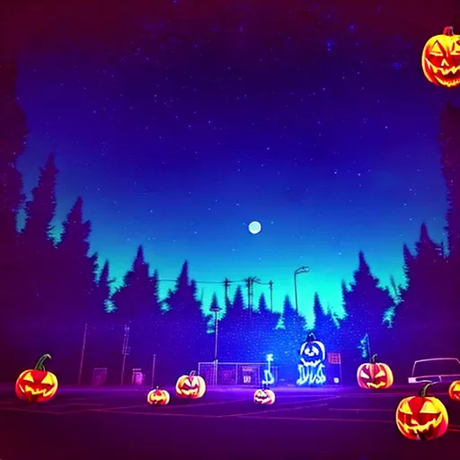 Prompt: sythwave, neon purple blue and red lights, 80's arcade environment, retro cars, halloween, big mall background, gorgeous starry night with full yellow clear moon , a parking lot in the front, kids playing, couple of bats flying near the moon, far far behind is a visible forest top cone, pumpkins on the ground